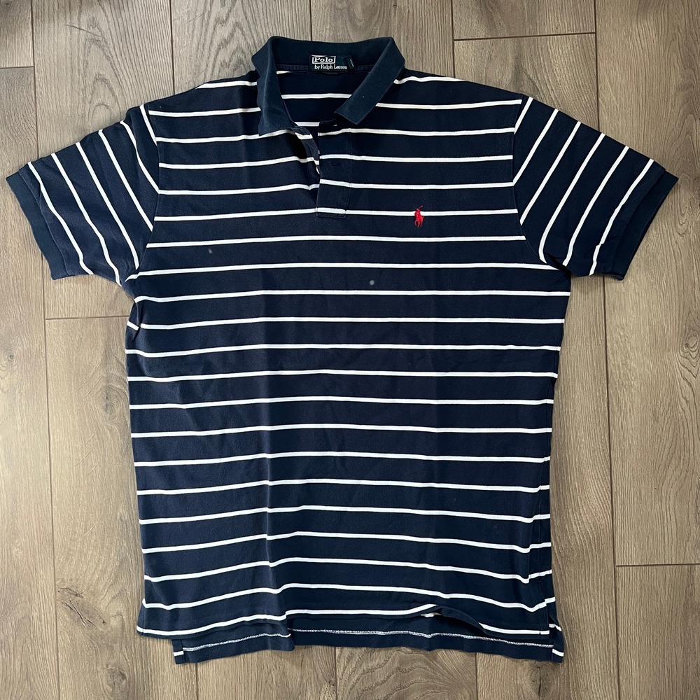 Polo by Ralph Lauren Mens XL short sleeve navy white stripe logo polo preppy